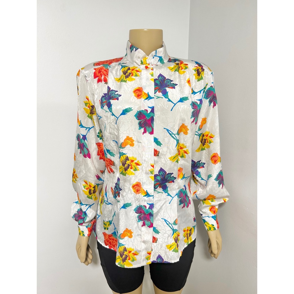 Vintage NOTATIONS Floral Jacquard Blouse Mandarin Collar Long Sleeve Multi 8 M
